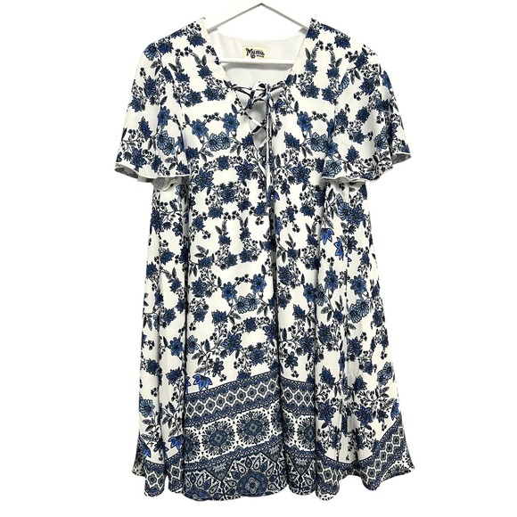Show Me Your MuMu Dresses & Skirts - Show Me Your Mumu Dress Womens Medium White Blue Floral Lace‎ Up Flutter Sleeve